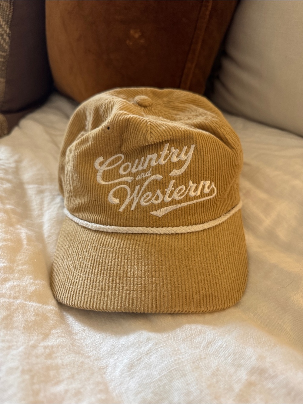 Country and Western Corduroy Cap in Camel with White Embroidery